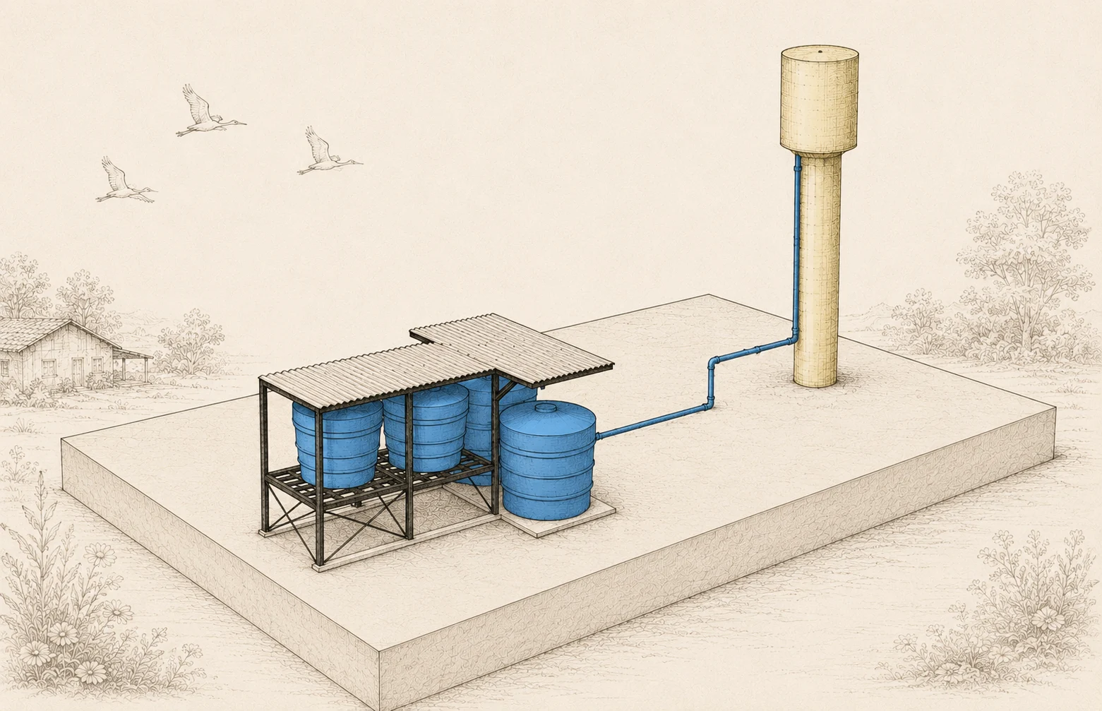 Ilustração de três caixas de tratamento conectadas a um reservatório elevado que abastece as casas.